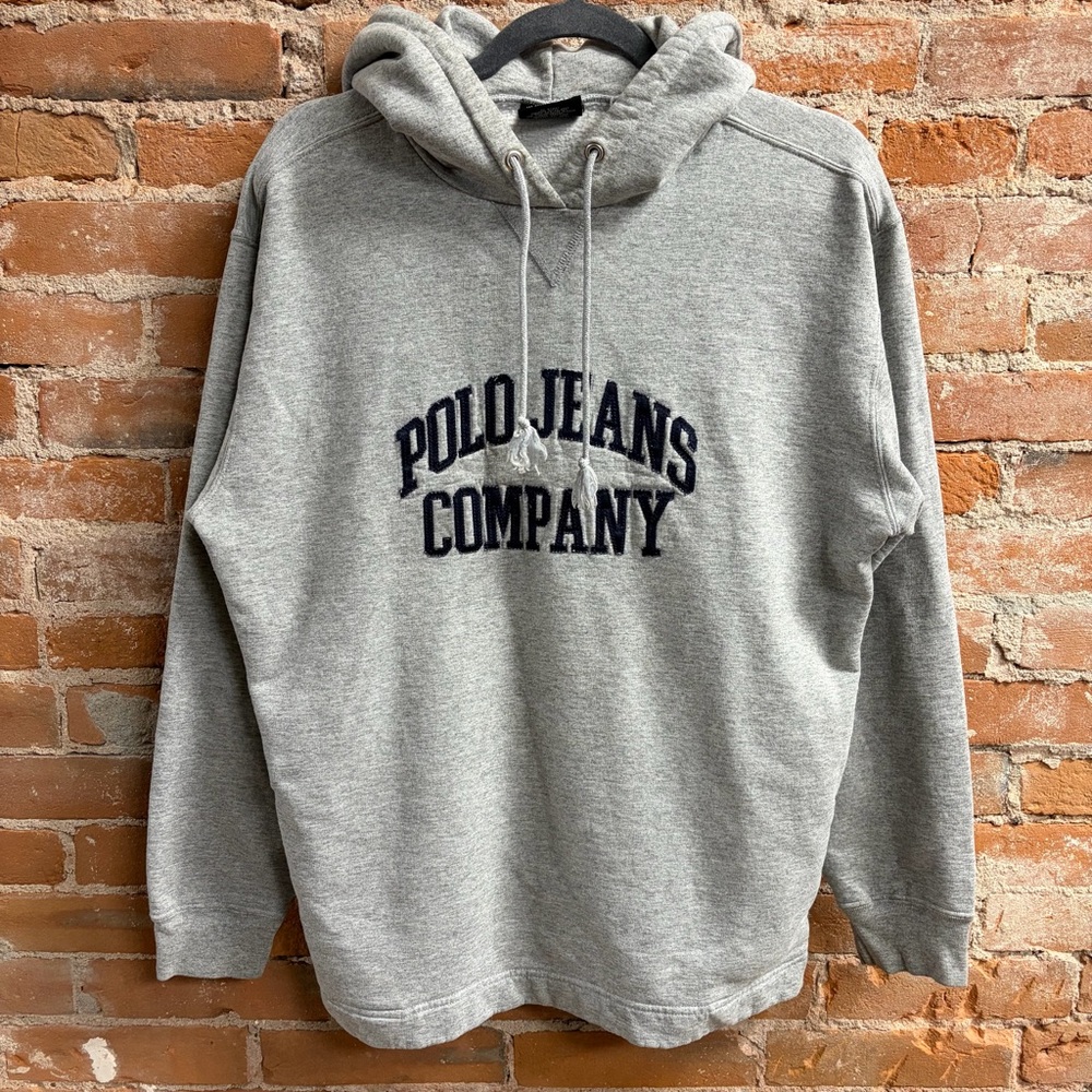 Vintage Polo Jeans Co. Ralph Lauren Gray Spell-Out Hoodie Sweatshirt Men’s Small